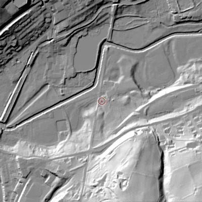 Shaded relief map of the ground around OL37HY, computed from Environment Agency LiDAR. The ground here sits at about 149 m above sea level and falls 79 m across the surrounding 800 m. Surface water reaching this point runs off ground lying to the south-south-east, 16.5 m higher.