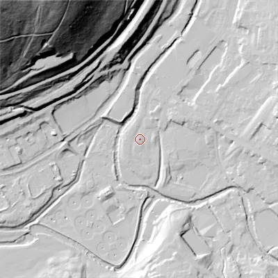 Shaded relief map of the ground around OL37JD, computed from Environment Agency LiDAR. The ground here sits at about 155 m above sea level and falls 150 m across the surrounding 800 m. Surface water reaching this point runs off ground lying to the south-south-west, 0.9 m higher.