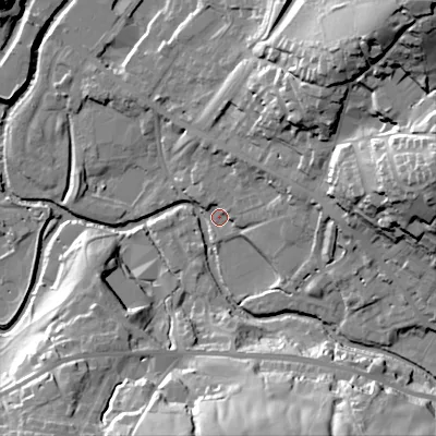 Shaded relief map of the ground around OL37JP, computed from Environment Agency LiDAR. The ground here sits at about 155 m above sea level and falls 57 m across the surrounding 800 m. Surface water reaching this point runs off ground lying to the east, 35.8 m higher.