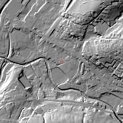 Shaded relief map of the ground around OL37JW, computed from Environment Agency LiDAR. The ground here sits at about 159 m above sea level and falls 58 m across the surrounding 800 m. Surface water reaching this point runs off ground lying to the east-north-east, 7.7 m higher.