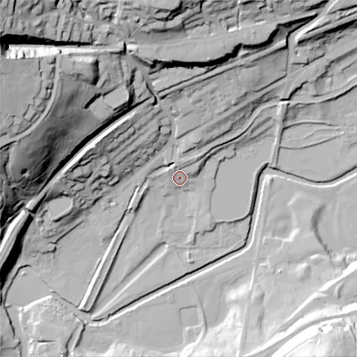 Shaded relief map of the ground around OL37LR, computed from Environment Agency LiDAR. The ground here sits at about 152 m above sea level and falls 76 m across the surrounding 800 m. Surface water reaching this point runs off ground lying to the north-north-east, 6.1 m higher.