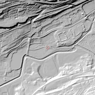 Shaded relief map of the ground around OL37LU, computed from Environment Agency LiDAR. The ground here sits at about 150 m above sea level and falls 66 m across the surrounding 800 m. Surface water reaching this point runs off ground lying to the north-west, 59.9 m higher.