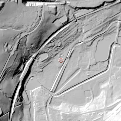 Shaded relief map of the ground around OL37LW, computed from Environment Agency LiDAR. The ground here sits at about 149 m above sea level and falls 98 m across the surrounding 800 m. Surface water reaching this point runs off ground lying to the north, 22.0 m higher.