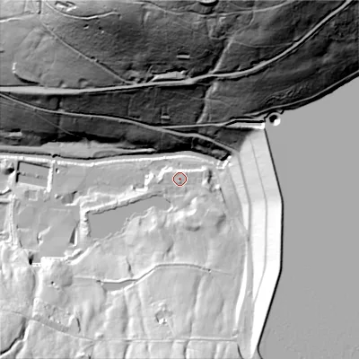 Shaded relief map of the ground around OL37NF, computed from Environment Agency LiDAR. The ground here sits at about 184 m above sea level and falls 125 m across the surrounding 800 m. Surface water reaching this point runs off ground lying to the south, 38.9 m higher.