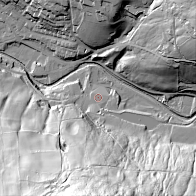 Shaded relief map of the ground around OL37NH, computed from Environment Agency LiDAR. The ground here sits at about 168 m above sea level and falls 114 m across the surrounding 800 m. Surface water reaching this point runs off ground lying to the south, 102.3 m higher.