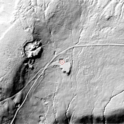 Shaded relief map of the ground around OL37NW, computed from Environment Agency LiDAR. The ground here sits at about 390 m above sea level and falls 166 m across the surrounding 800 m. Surface water reaching this point runs off ground lying to the north, 75.9 m higher.