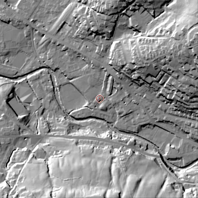 Shaded relief map of the ground around OL37PD, computed from Environment Agency LiDAR. The ground here sits at about 160 m above sea level and falls 58 m across the surrounding 800 m. Surface water reaching this point runs off ground lying to the north-north-east, 7.2 m higher.