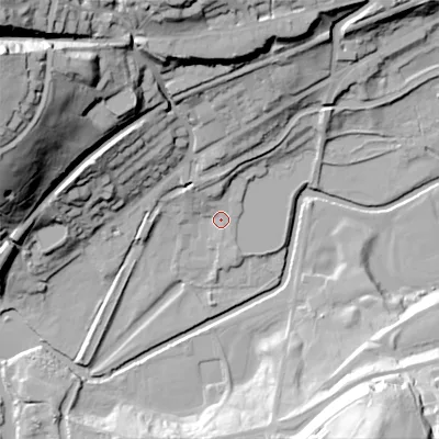 Shaded relief map of the ground around OL37PN, computed from Environment Agency LiDAR. The ground here sits at about 149 m above sea level and falls 68 m across the surrounding 800 m. Surface water reaching this point runs off ground lying to the north, 7.8 m higher.