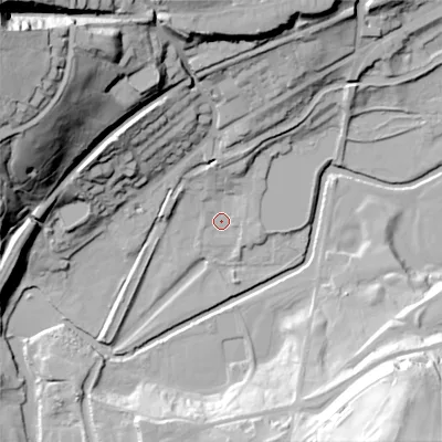 Shaded relief map of the ground around OL37PP, computed from Environment Agency LiDAR. The ground here sits at about 148 m above sea level and falls 74 m across the surrounding 800 m. Surface water reaching this point runs off ground lying to the north-north-east, 8.3 m higher.