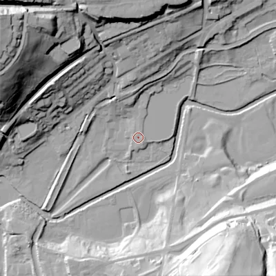 Shaded relief map of the ground around OL37PQ, computed from Environment Agency LiDAR. The ground here sits at about 150 m above sea level and falls 66 m across the surrounding 800 m. Surface water reaching this point runs off ground lying to the east-south-east, 1.0 m higher.