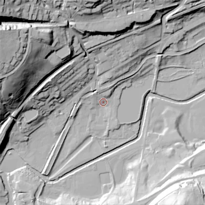 Shaded relief map of the ground around OL37PR, computed from Environment Agency LiDAR. The ground here sits at about 150 m above sea level and falls 73 m across the surrounding 800 m. Surface water reaching this point runs off ground lying to the north-north-east, 7.8 m higher.
