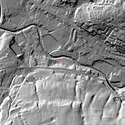 Shaded relief map of the ground around OL37PT, computed from Environment Agency LiDAR. The ground here sits at about 158 m above sea level and falls 63 m across the surrounding 800 m. Surface water reaching this point runs off ground lying to the south, 55.2 m higher.