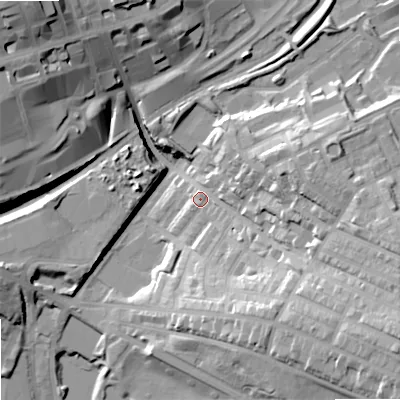 Shaded relief map of the ground around OL41EQ, computed from Environment Agency LiDAR. The ground here sits at about 178 m above sea level and falls 35 m across the surrounding 800 m. Surface water reaching this point runs off ground lying to the north-west, 32.8 m higher.