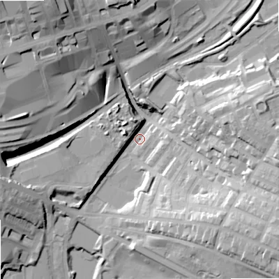 Shaded relief map of the ground around OL41RL, computed from Environment Agency LiDAR. The ground here sits at about 173 m above sea level and falls 36 m across the surrounding 800 m. Surface water reaching this point runs off ground lying to the west-south-west, 15.2 m higher.