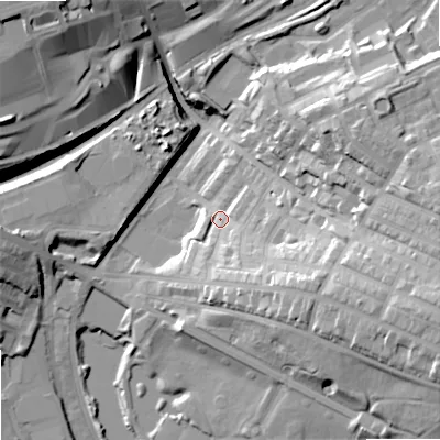 Shaded relief map of the ground around OL41RR, computed from Environment Agency LiDAR. The ground here sits at about 179 m above sea level and falls 31 m across the surrounding 800 m. Surface water reaching this point runs off ground lying to the south-south-east, 12.5 m higher.