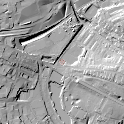 Shaded relief map of the ground around OL41SG, computed from Environment Agency LiDAR. The ground here sits at about 175 m above sea level and falls 30 m across the surrounding 800 m. Surface water reaching this point runs off ground lying to the north-west, 25.7 m higher.