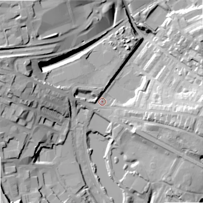 Shaded relief map of the ground around OL41SH, computed from Environment Agency LiDAR. The ground here sits at about 175 m above sea level and falls 31 m across the surrounding 800 m. Surface water reaching this point runs off ground lying to the north-west, 25.7 m higher.
