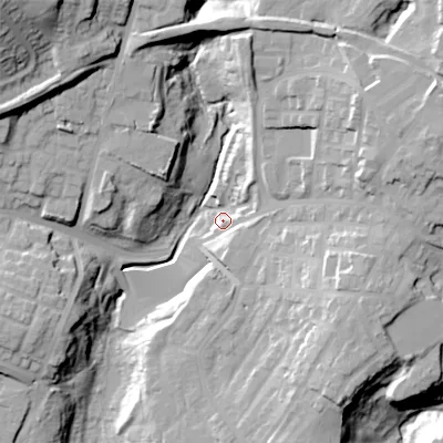 Shaded relief map of the ground around OL43BH, computed from Environment Agency LiDAR. The ground here sits at about 169 m above sea level and falls 48 m across the surrounding 800 m. Surface water reaching this point runs off ground lying to the north-west, 40.6 m higher.