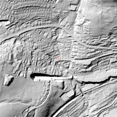 Shaded relief map of the ground around OL44HE, computed from Environment Agency LiDAR. The ground here sits at about 197 m above sea level and falls 148 m across the surrounding 800 m. Surface water reaching this point runs off ground lying to the north-west, 82.7 m higher.