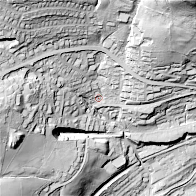 Shaded relief map of the ground around OL44HF, computed from Environment Agency LiDAR. The ground here sits at about 198 m above sea level and falls 159 m across the surrounding 800 m. Surface water reaching this point runs off ground lying to the north-west, 83.1 m higher.