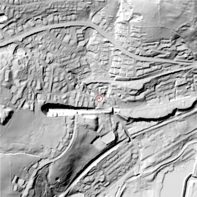 Shaded relief map of the ground around OL44HG, computed from Environment Agency LiDAR. The ground here sits at about 186 m above sea level and falls 126 m across the surrounding 800 m. Surface water reaching this point runs off ground lying to the north-west, 79.5 m higher.