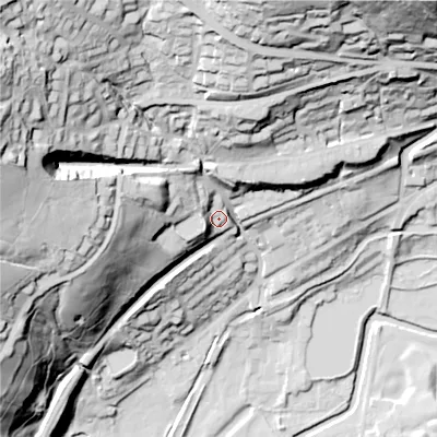 Shaded relief map of the ground around OL44JU, computed from Environment Agency LiDAR. The ground here sits at about 172 m above sea level and falls 102 m across the surrounding 800 m. Surface water reaching this point runs off ground lying to the north-west, 72.0 m higher.