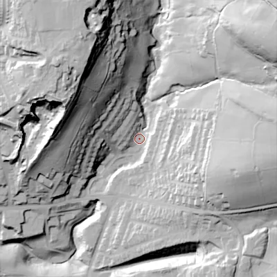 Shaded relief map of the ground around OL44LB, computed from Environment Agency LiDAR. The ground here sits at about 204 m above sea level and falls 84 m across the surrounding 800 m. Surface water reaching this point runs off ground lying to the north-east, 68.6 m higher.