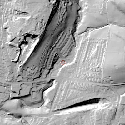 Shaded relief map of the ground around OL44LN, computed from Environment Agency LiDAR. The ground here sits at about 201 m above sea level and falls 82 m across the surrounding 800 m. Surface water reaching this point runs off ground lying to the north-east, 66.3 m higher.
