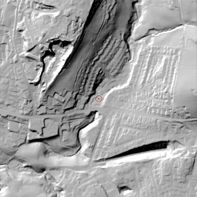 Shaded relief map of the ground around OL44LS, computed from Environment Agency LiDAR. The ground here sits at about 201 m above sea level and falls 79 m across the surrounding 800 m. Surface water reaching this point runs off ground lying to the north, 60.6 m higher.