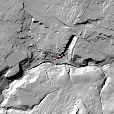 Shaded relief map of the ground around OL45DR, computed from Environment Agency LiDAR. The ground here sits at about 178 m above sea level and falls 64 m across the surrounding 800 m. Surface water reaching this point runs off ground lying to the north-east, 21.7 m higher.