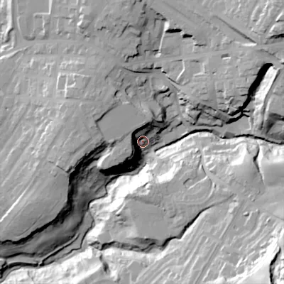 Shaded relief map of the ground around OL45DX, computed from Environment Agency LiDAR. The ground here sits at about 171 m above sea level and falls 65 m across the surrounding 800 m. Surface water reaching this point runs off ground lying to the west-north-west, 20.7 m higher.