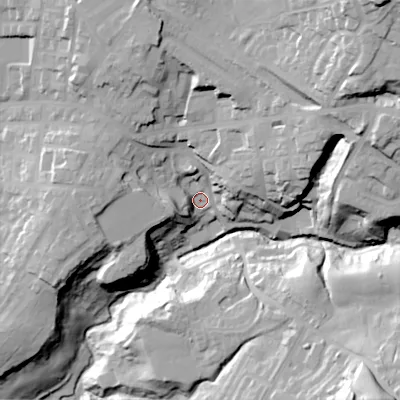 Shaded relief map of the ground around OL45EE, computed from Environment Agency LiDAR. The ground here sits at about 171 m above sea level and falls 61 m across the surrounding 800 m. Surface water reaching this point runs off ground lying to the north-east, 36.2 m higher.