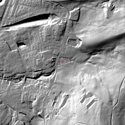 Shaded relief map of the ground around OL45QN, computed from Environment Agency LiDAR. The ground here sits at about 217 m above sea level and falls 92 m across the surrounding 800 m. Surface water reaching this point runs off ground lying to the south-south-east, 68.0 m higher.