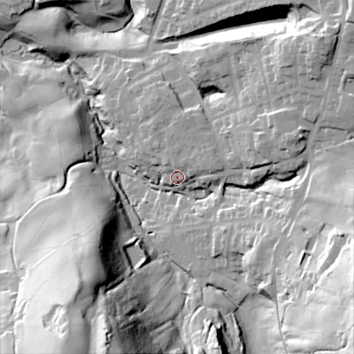 Shaded relief map of the ground around OL45RP, computed from Environment Agency LiDAR. The ground here sits at about 204 m above sea level and falls 81 m across the surrounding 800 m. Surface water reaching this point runs off ground lying to the east-north-east, 7.7 m higher.