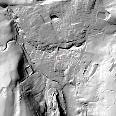 Shaded relief map of the ground around OL45RZ, computed from Environment Agency LiDAR. The ground here sits at about 208 m above sea level and falls 102 m across the surrounding 800 m. Surface water reaching this point runs off ground lying to the east-south-east, 71.2 m higher.