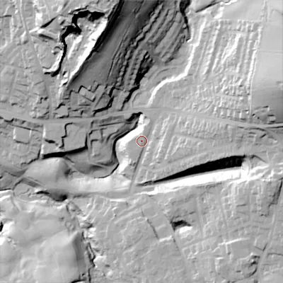 Shaded relief map of the ground around OL45SF, computed from Environment Agency LiDAR. The ground here sits at about 202 m above sea level and falls 74 m across the surrounding 800 m. Surface water reaching this point runs off ground lying to the east-north-east, 44.1 m higher.