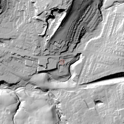 Shaded relief map of the ground around OL45TS, computed from Environment Agency LiDAR. The ground here sits at about 201 m above sea level and falls 82 m across the surrounding 800 m. Surface water reaching this point runs off ground lying to the west-north-west, 6.2 m higher.