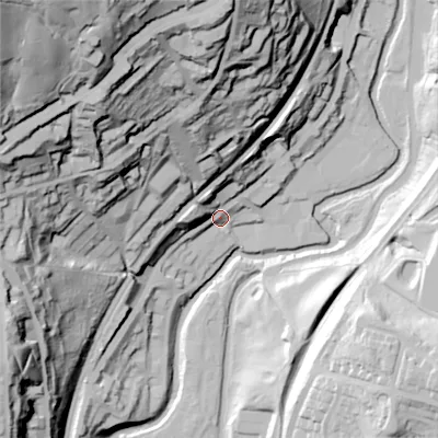 Shaded relief map of the ground around OL59AT, computed from Environment Agency LiDAR. The ground here sits at about 142 m above sea level and falls 116 m across the surrounding 800 m. Surface water reaching this point runs off ground lying to the north-north-west, 90.0 m higher.
