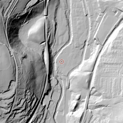 Shaded relief map of the ground around OL59BD, computed from Environment Agency LiDAR. The ground here sits at about 143 m above sea level and falls 94 m across the surrounding 800 m. Surface water reaching this point runs off ground lying to the west, 1.0 m higher.