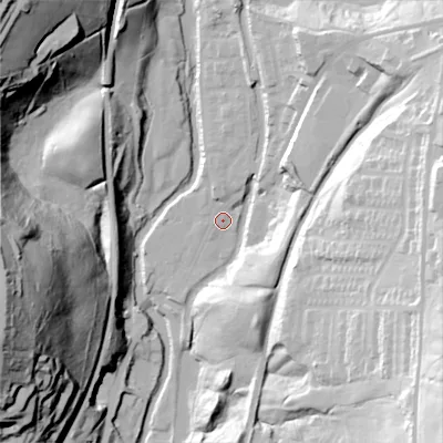Shaded relief map of the ground around OL59BG, computed from Environment Agency LiDAR. The ground here sits at about 143 m above sea level and falls 78 m across the surrounding 800 m. Surface water reaching this point runs off ground lying to the north, 2.8 m higher.