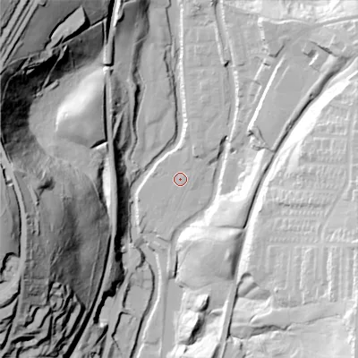 Shaded relief map of the ground around OL59BJ, computed from Environment Agency LiDAR. The ground here sits at about 143 m above sea level and falls 90 m across the surrounding 800 m. Surface water reaching this point runs off ground lying to the north-north-east, 3.3 m higher.
