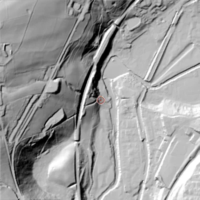 Shaded relief map of the ground around OL59BN, computed from Environment Agency LiDAR. The ground here sits at about 149 m above sea level and falls 107 m across the surrounding 800 m. Surface water reaching this point runs off ground lying to the west, 22.6 m higher.
