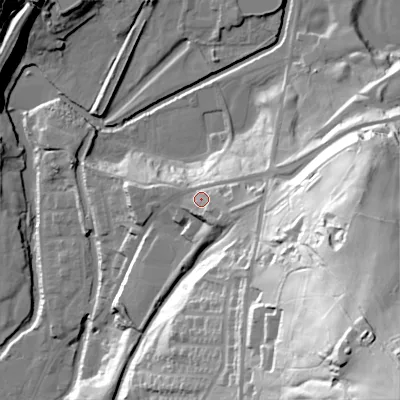 Shaded relief map of the ground around OL59BS, computed from Environment Agency LiDAR. The ground here sits at about 163 m above sea level and falls 108 m across the surrounding 800 m. Surface water reaching this point runs off ground lying to the south-east, 67.6 m higher.