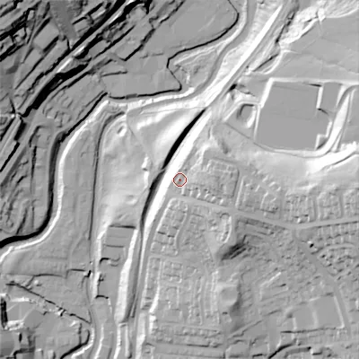 Shaded relief map of the ground around OL59EB, computed from Environment Agency LiDAR. The ground here sits at about 161 m above sea level and falls 63 m across the surrounding 800 m. Surface water reaching this point runs off ground lying to the east, 34.2 m higher.