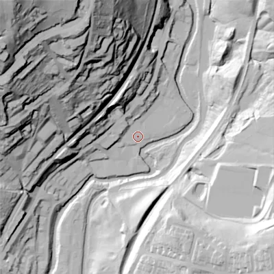 Shaded relief map of the ground around OL59FP, computed from Environment Agency LiDAR. The ground here sits at about 139 m above sea level and falls 109 m across the surrounding 800 m. Surface water reaching this point runs off ground lying to the north-north-west, 22.5 m higher.