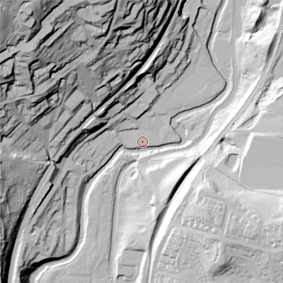 Shaded relief map of the ground around OL59FQ, computed from Environment Agency LiDAR. The ground here sits at about 137 m above sea level and falls 99 m across the surrounding 800 m. Surface water reaching this point runs off ground lying to the east-south-east, 48.7 m higher.