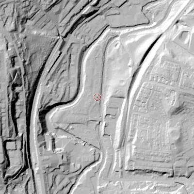 Shaded relief map of the ground around OL59GB, computed from Environment Agency LiDAR. The ground here sits at about 138 m above sea level and falls 74 m across the surrounding 800 m. Surface water reaching this point runs off ground lying to the north-east, 22.8 m higher.