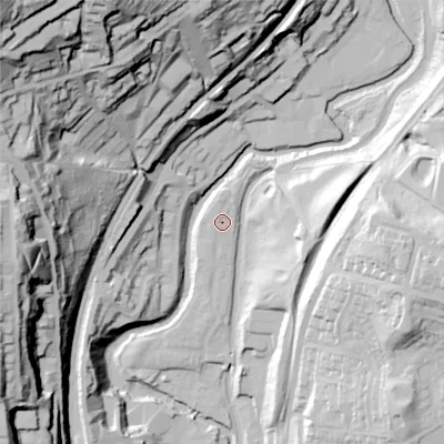 Shaded relief map of the ground around OL59GD, computed from Environment Agency LiDAR. The ground here sits at about 138 m above sea level and falls 92 m across the surrounding 800 m. Surface water reaching this point runs off ground lying to the west-north-west, 0.9 m higher.