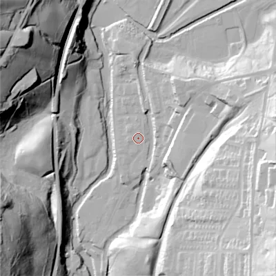Shaded relief map of the ground around OL59GG, computed from Environment Agency LiDAR. The ground here sits at about 146 m above sea level and falls 83 m across the surrounding 800 m. The ground contributing surface water to this point lies to the north-north-east.
