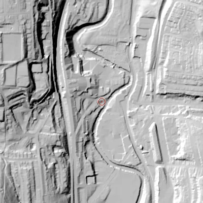 Shaded relief map of the ground around OL59HL, computed from Environment Agency LiDAR. The ground here sits at about 133 m above sea level and falls 82 m across the surrounding 800 m. Surface water reaching this point runs off ground lying to the north-east, 40.0 m higher.